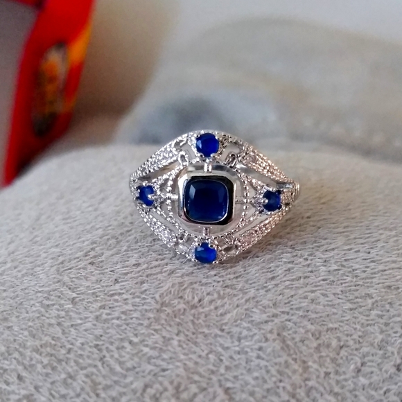 10k WG/Silver Art Deco Sapphire Cluster Ring sz 7